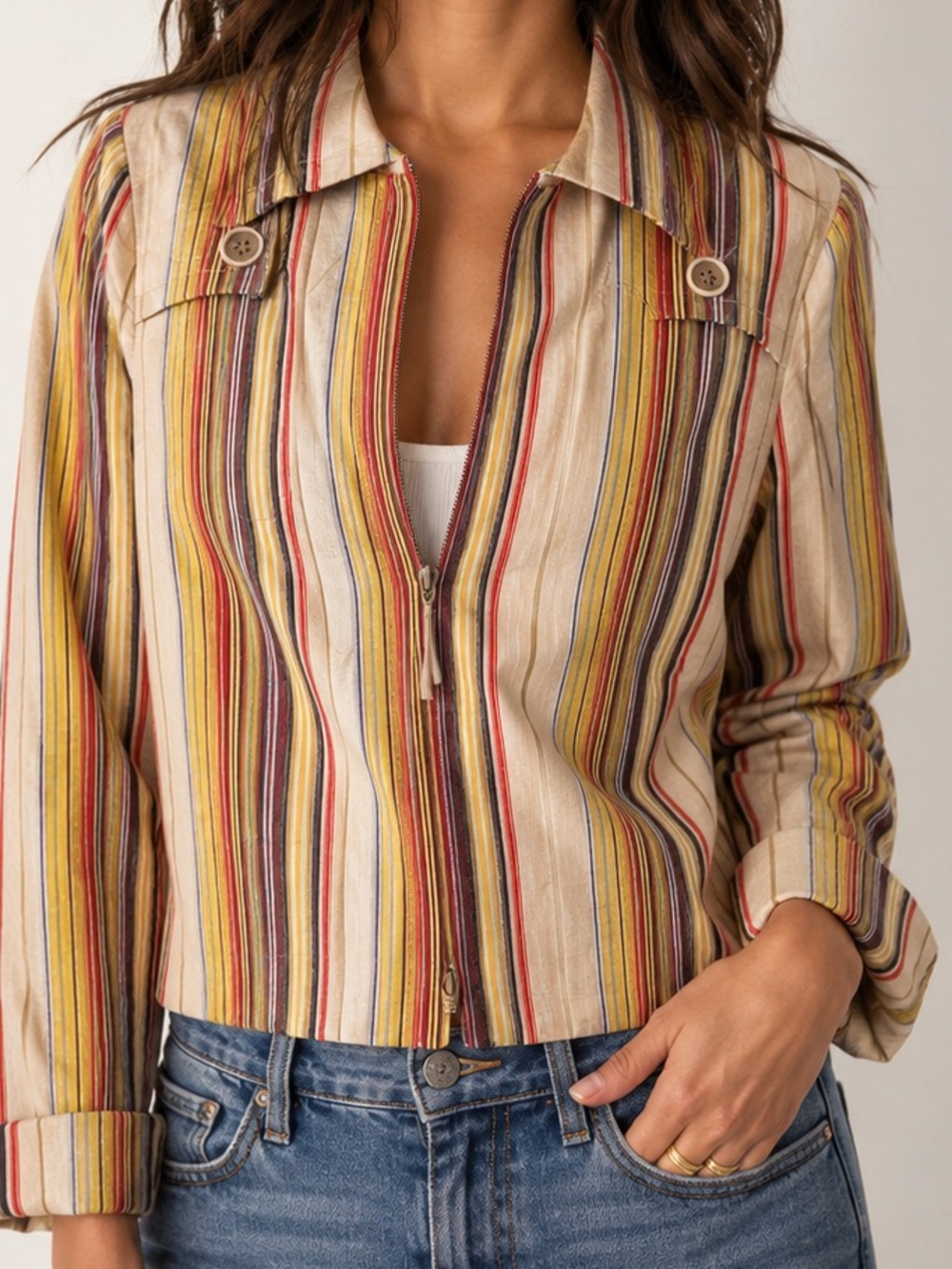 Akris Punto Cream Multicolor Vertical Stripes jacket size 8
